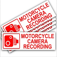 5 x Motorcycle Camera Recording-Red on White-Security Stickers-Small 87mm x 30mm-CCTV Signs-Motorbike